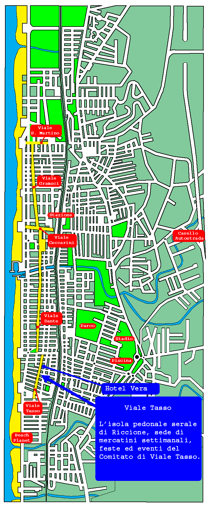  Cartina di Riccione con Via Tasso sede di feste per i turisti degli alberghi, pensioni e hotel di Riccione Alba
